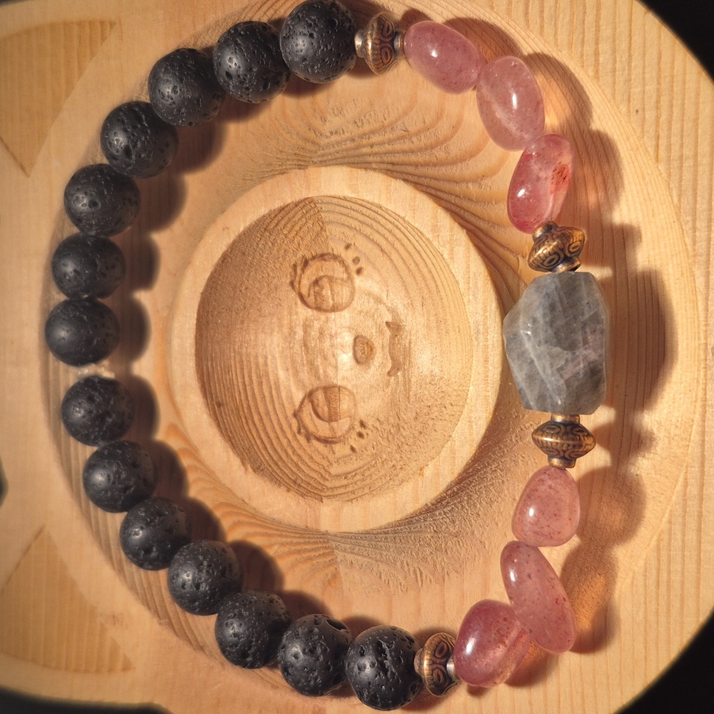 Artisan Crafted Faceted Labradorite and Strawberry Quartz with lava beads